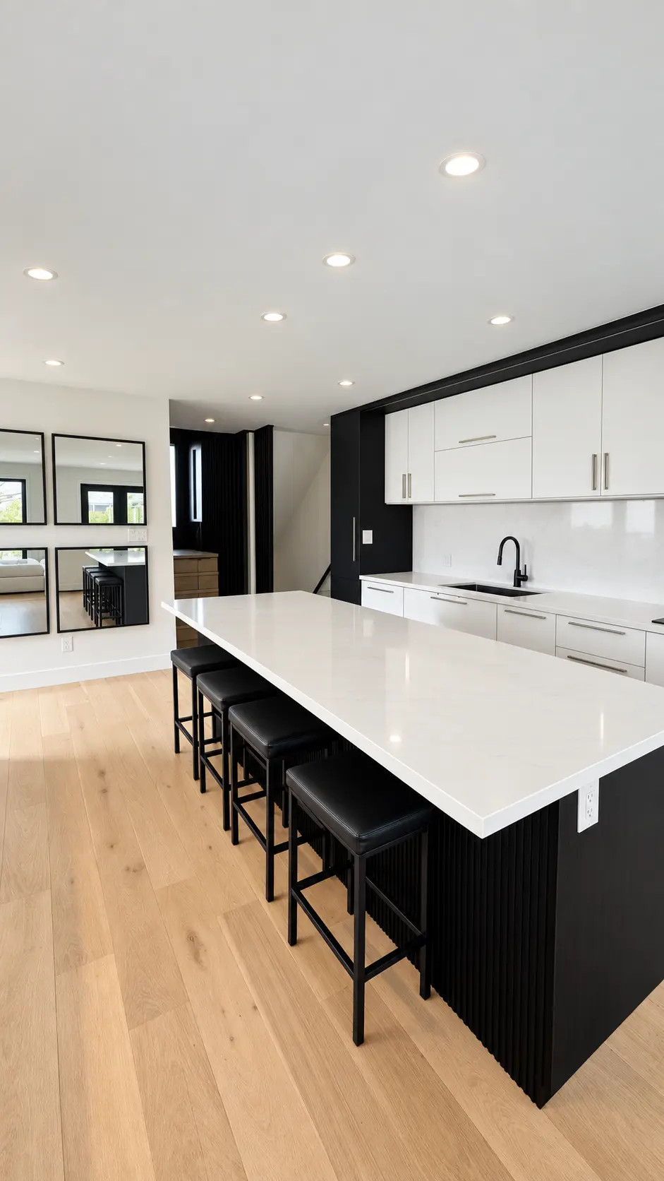 Northaven kitchen island with black fluted millwork and white quartz counter
