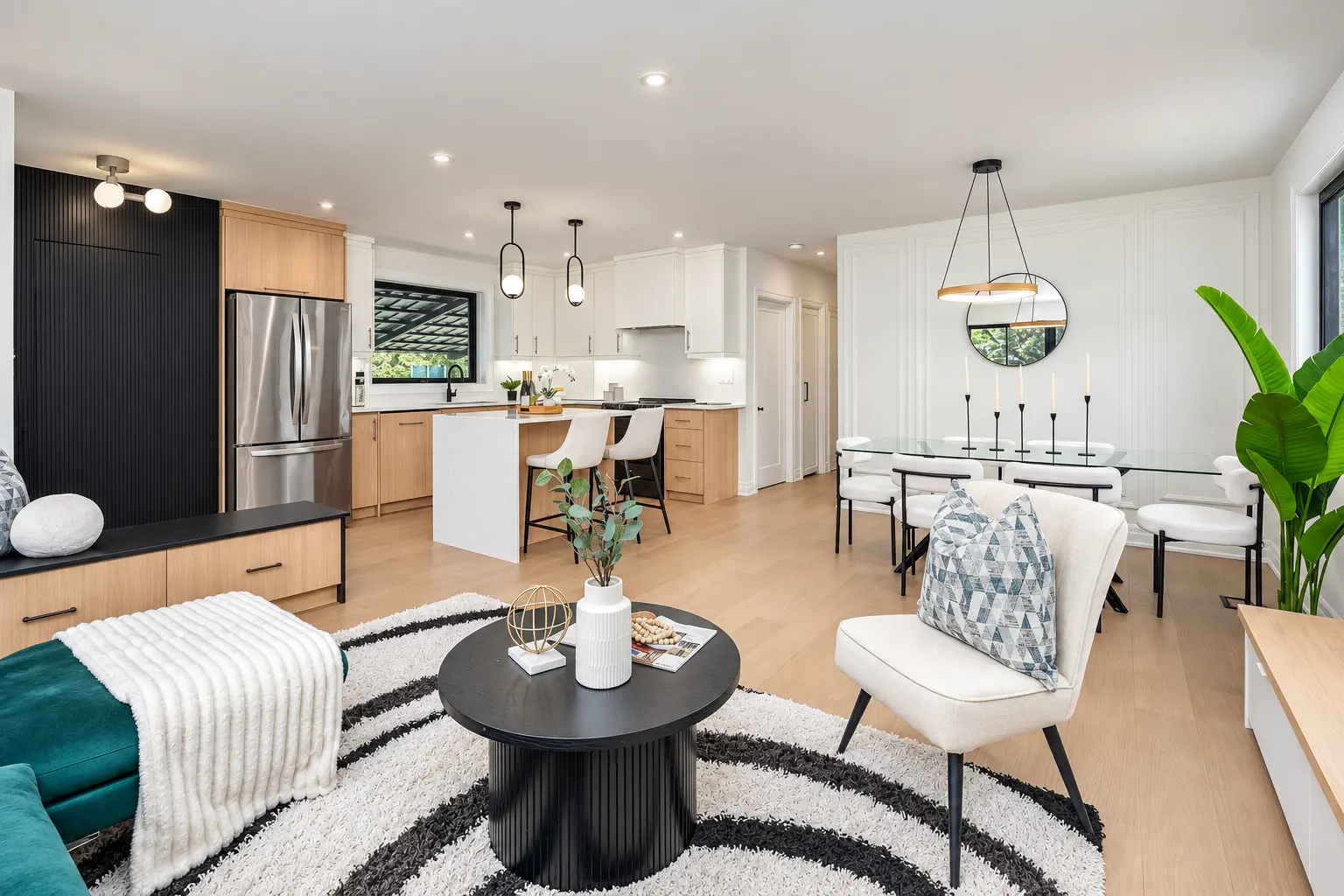 Completed open-concept living, dining and kitchen renovation
